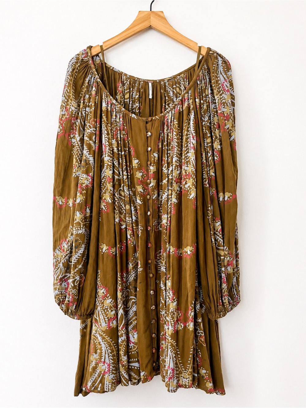 Free People Boho Peasant Mini Dress Olive Print L With Slip